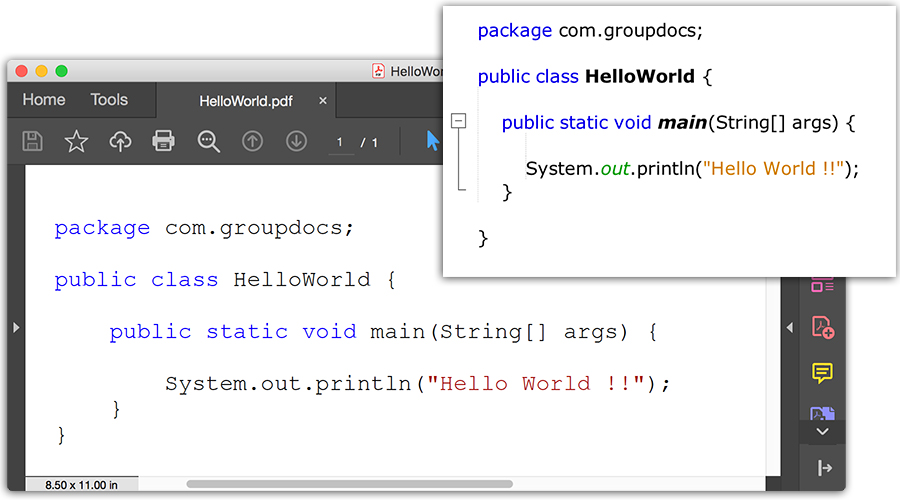 Zdrojový soubor Java převedený do PDF pomocí C#