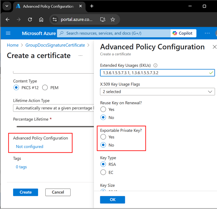 Diagramm des Azure-Zertifikatsunterschriftensablaufs, das den Datenfluss zwischen den Komponenten zeigt