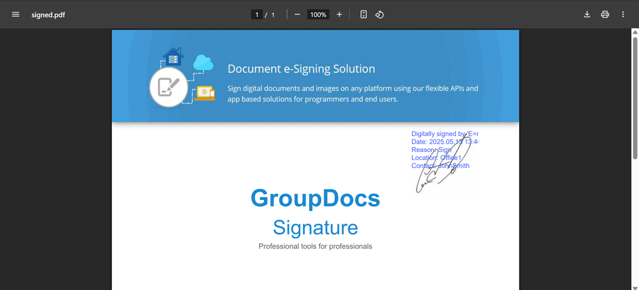 Beispiel für eine professionelle PDF-Digitale Signatur mit Zertifikatsvalidierung und visuellem handschriftlichem Element
