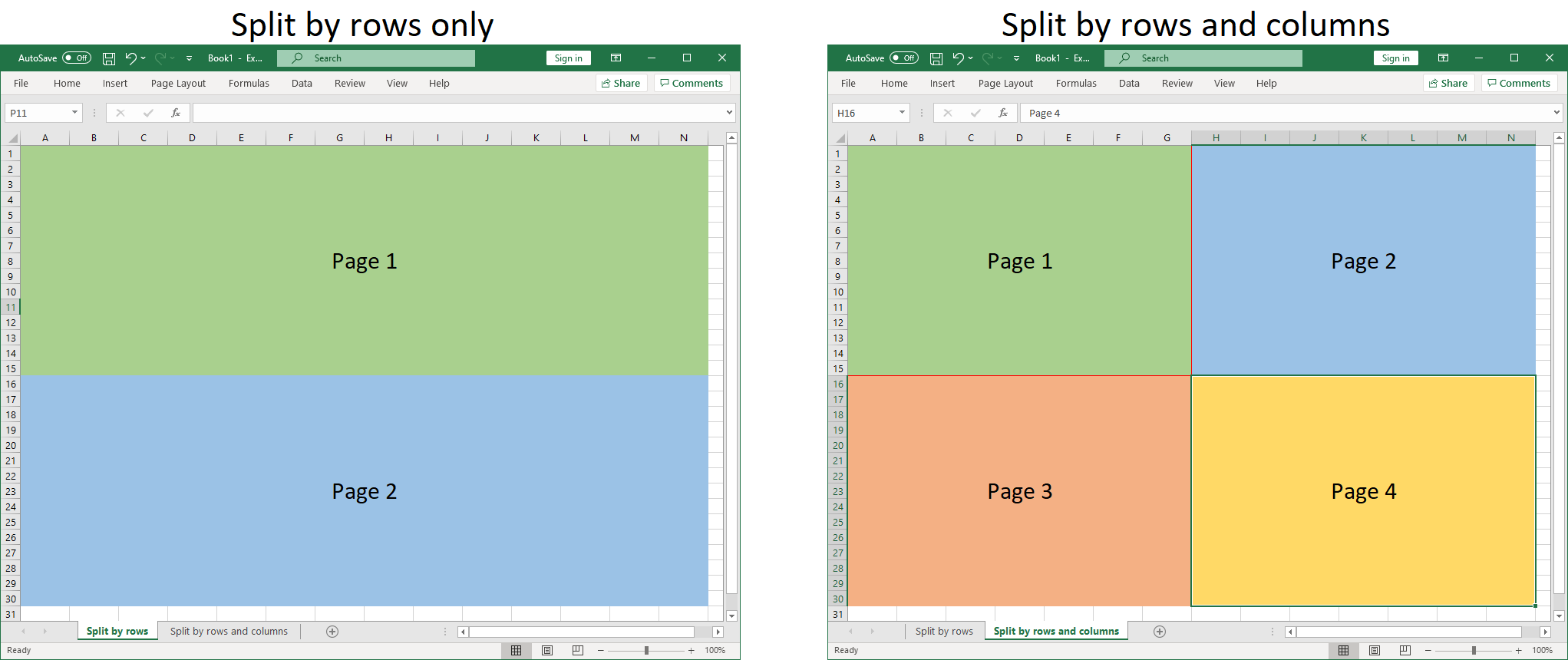 Split worksheet into pages manually by rows and columns