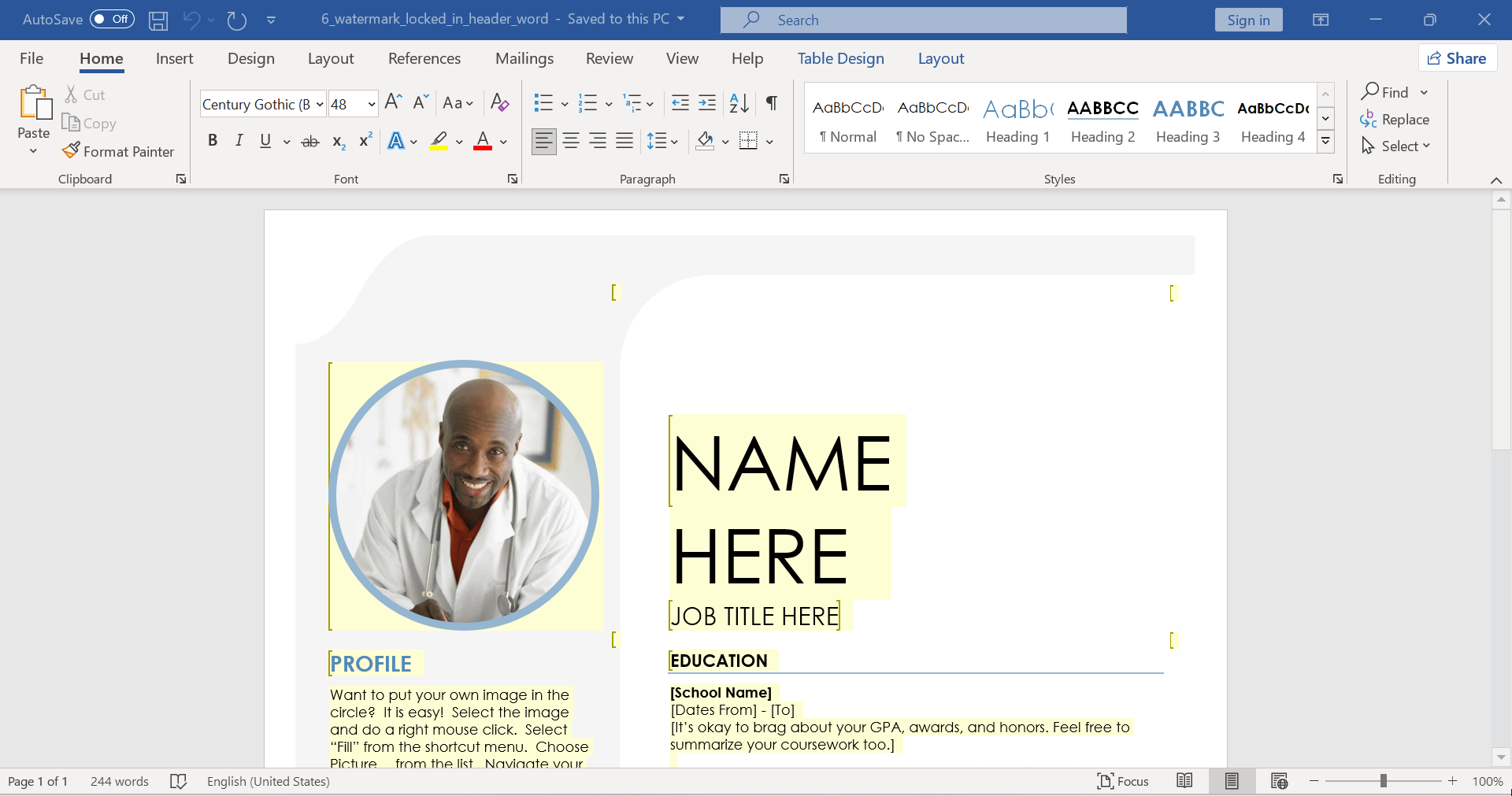 Yellow highlighting of editable ranges in Word