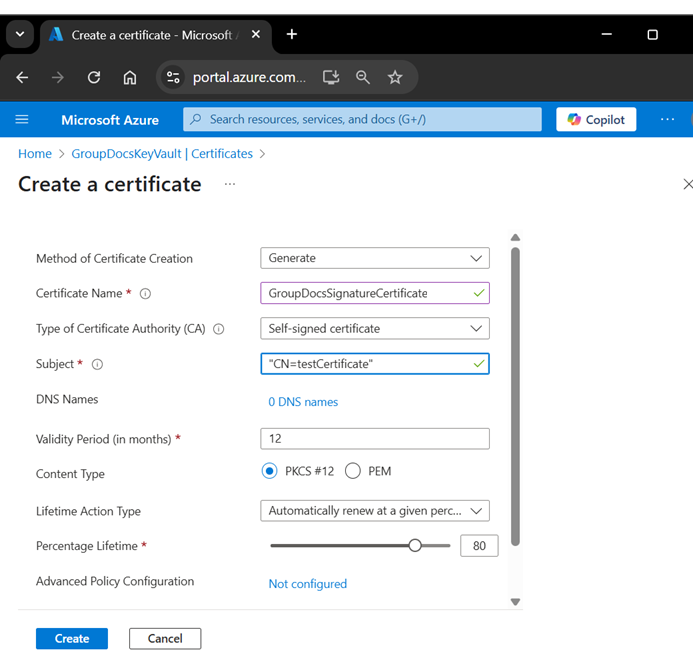 Sơ đồ quy trình hoàn chỉnh của GroupDocs .NET PDF ký số số với Azure Key Vault