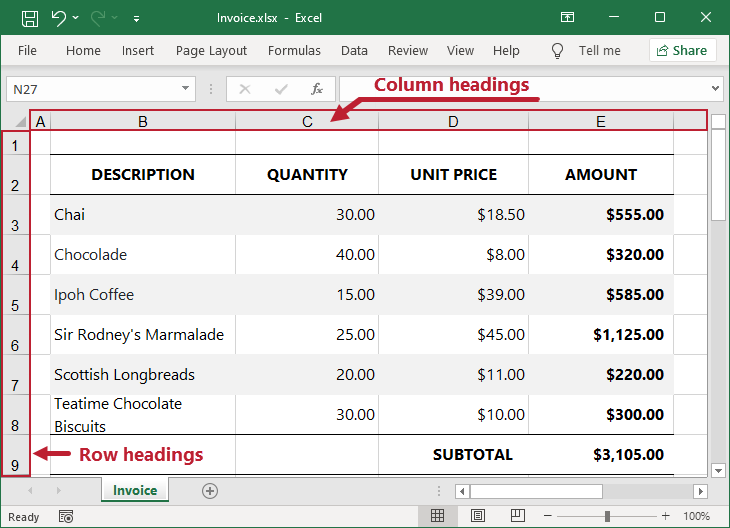 Render row and column headings