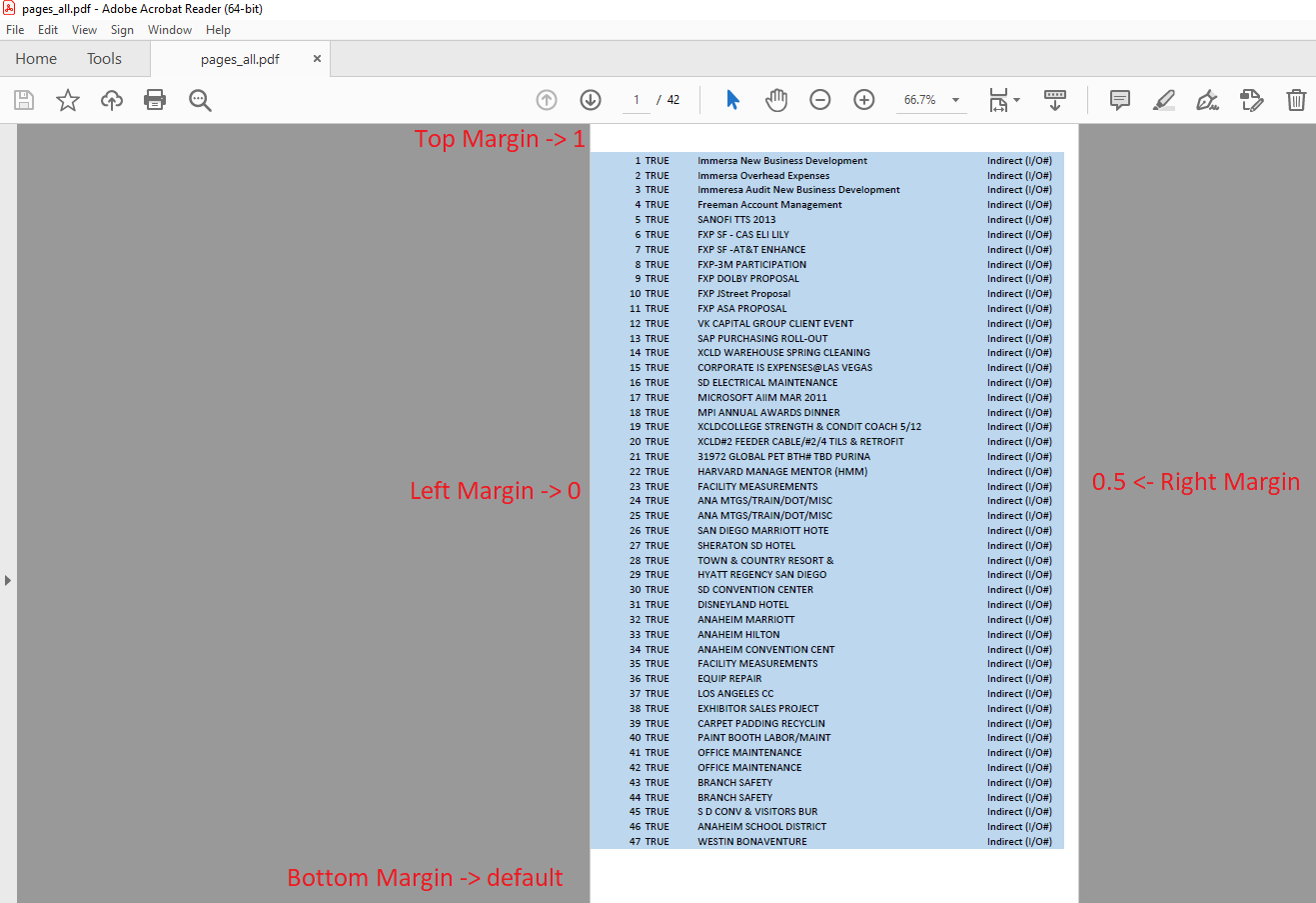 Set worksheet margins in the output PDF pages