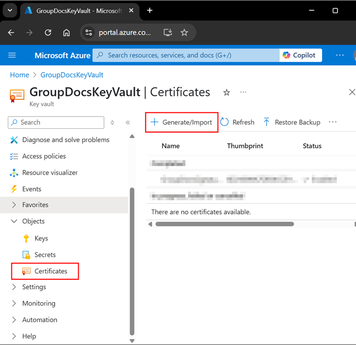 Azure Key Vault 界面，用於創建 PDF 簽名的數位簽名証書